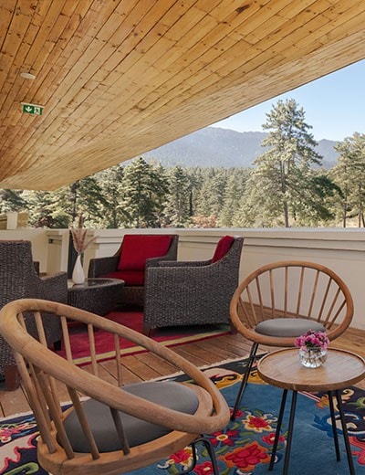A cozy balcony with wicker and wooden chairs, a small table with flowers, and a colorful rug overlooks a forest of pine trees and distant mountains under a wooden sloped roof.