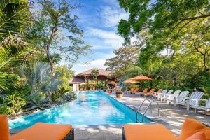 A sparkling outdoor pool surrounded by lush greenery and trees, with white lounge chairs and orange umbrellas lining the poolside, under a bright blue sky.