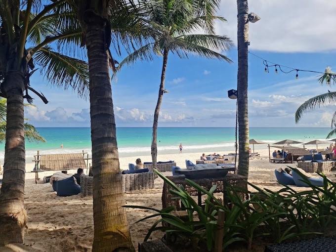 People relax on lounge chairs under palm trees on a sandy beach, with clear turquoise water and blue sky in the background. Some are sitting under shaded areas, while others walk along the shoreline.