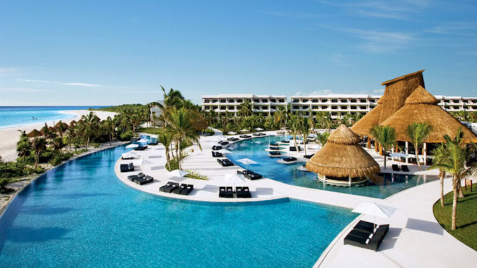 A luxurious beachfront resort with a large, winding swimming pool, thatched-roof cabanas, palm trees, sun loungers, and modern buildings, all set against a clear blue sky and ocean.