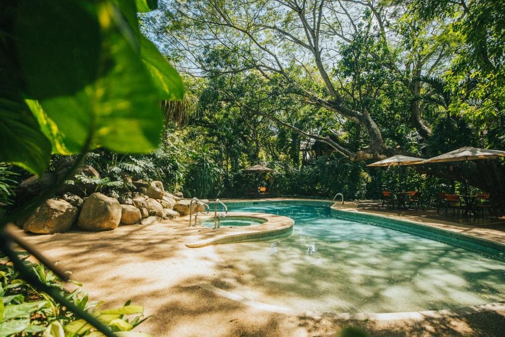 A tranquil outdoor swimming pool surrounded by lush green trees and plants, with rocks and a small jacuzzi attached. Several sun umbrellas and chairs are set up nearby, offering shaded seating in a tropical setting.