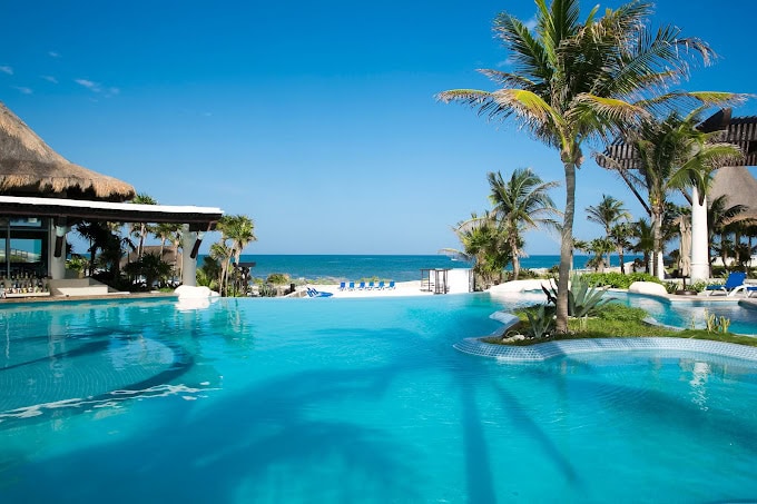A luxurious resort pool with palm trees and lounge chairs overlooks a clear blue ocean under a bright, sunny sky. A thatched-roof building is visible on the left, creating a relaxing tropical atmosphere.
