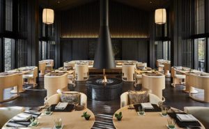 Elegant, modern restaurant interior with round tables, light-colored chairs, a central round fireplace, large hanging lights, and tall dark wood walls, creating a warm and inviting atmosphere.