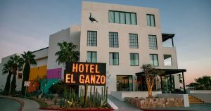 A modern white building with large windows and a black goose logo, featuring a brightly lit sign reading HOTEL EL GANZO, surrounded by palm trees and desert landscaping at sunset.