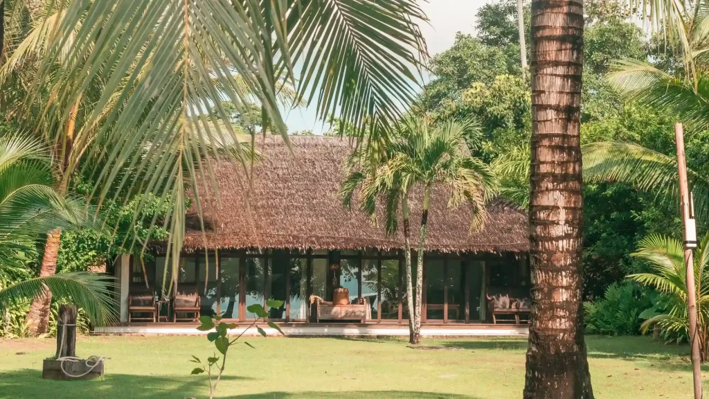 A thatched-roof building with large glass windows is surrounded by lush green palm trees and grass, creating a tropical, serene atmosphere.