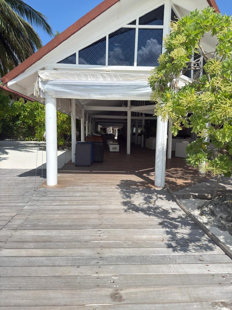 A wooden walkway leads to a white, open-sided building with a triangular red roof. Lush green trees and palm fronds surround the structure, and bright sunlight casts shadows on the deck.