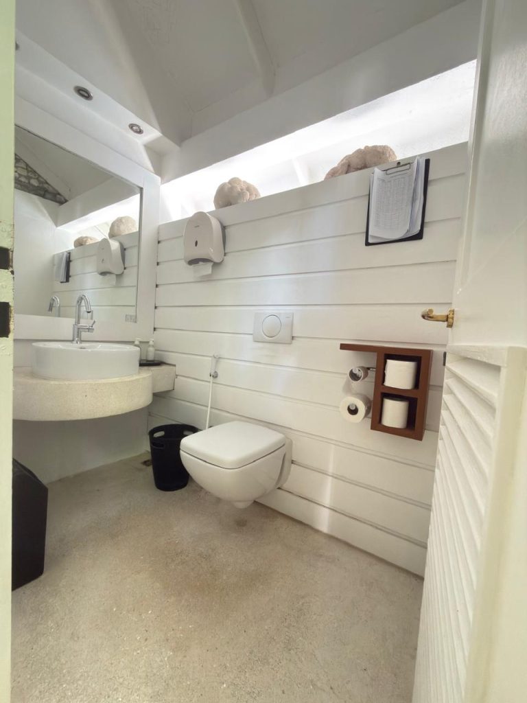 A modern white bathroom with a wall-mounted toilet, round sink, mirror, soap dispenser, toilet paper holder, waste bin, and decorative shells on a high shelf. Bright natural light enters from above.
