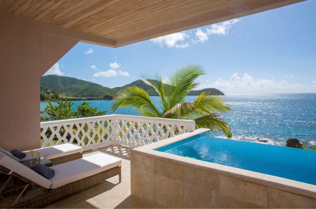A luxurious terrace with two lounge chairs, an infinity pool, and a view of tropical greenery, a palm tree, and the sparkling blue ocean under a sunny sky.