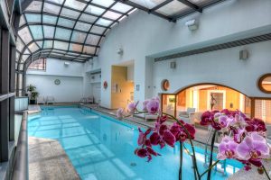 Indoor pool with clear blue water, surrounded by lounge chairs and potted plants under a glass roof. Pink orchids in the foreground add a touch of color to the bright, modern space.