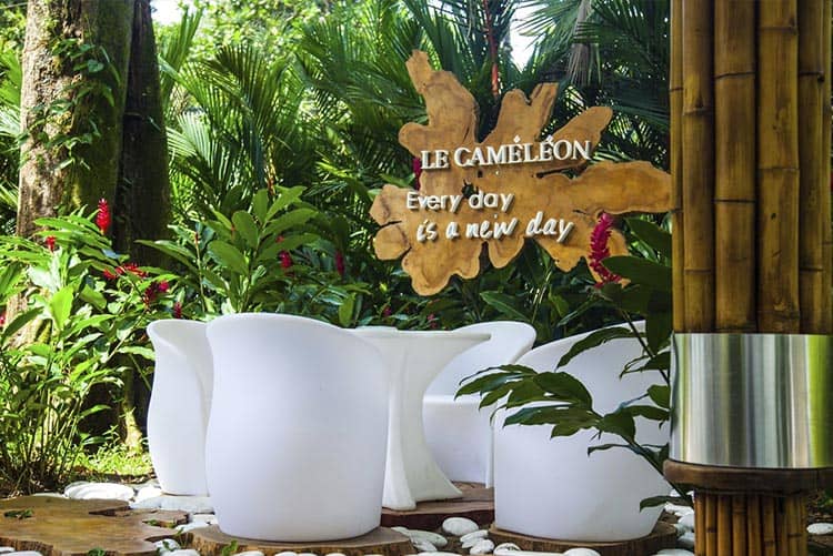 A tropical outdoor seating area with white modern chairs and a table, surrounded by lush green plants. A wooden sign reads “LE CAMÉLÉON Every day is a new day.” Bamboo poles are visible on the right.