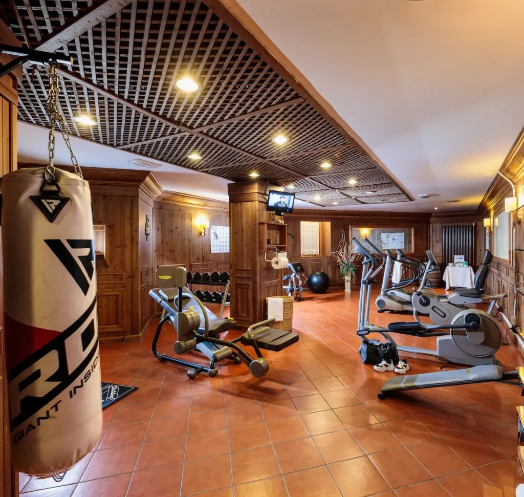 A gym room with wooden walls and ceiling, equipped with treadmills, exercise bikes, weight machines, a punch bag, and a TV mounted high on the wall. The floor is tiled in terracotta.