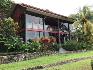A modern two-story house with large glass windows and a red roof sits surrounded by lush tropical plants, palm trees, and a stone retaining wall, with steps leading up to the entrance.