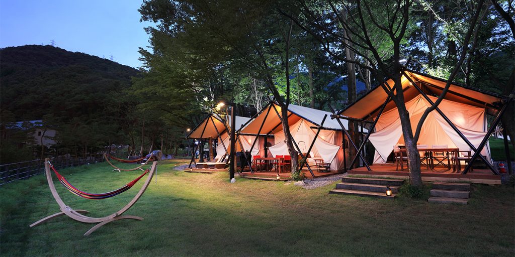 Glamping tents with warm lights stand among trees at dusk, each with a patio and chairs. Two hammocks are set up on a grassy lawn, and a forested hillside rises in the background.