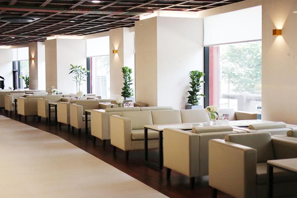 A modern, bright restaurant with cream-colored sofas and tables arranged in a row by large windows. Potted plants are placed between the seating areas, and natural light fills the space.