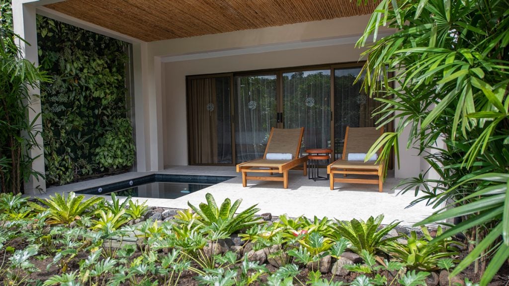 A modern patio with two wooden lounge chairs and a small table, overlooking a garden with tropical plants. There is a small plunge pool beside the chairs, and large glass doors lead inside.