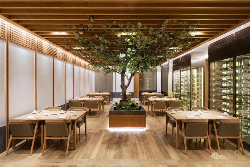 Modern restaurant interior with wooden tables and chairs, a large tree planter as a centerpiece, wooden ceiling beams, minimalist decor, and glass wine cabinets lining the right wall.