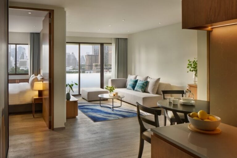 Modern hotel suite with a bedroom, living area, and kitchenette. Large windows offer a city view. The living room has a gray sofa, blue rug, and coffee table. Dining table with chairs and a bowl of lemons in the foreground.