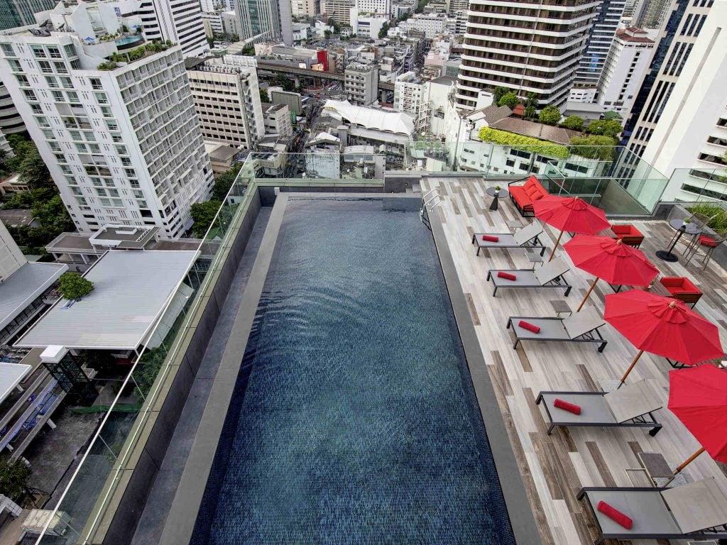 A rooftop pool surrounded by lounge chairs with red umbrellas overlooks a cityscape of tall buildings and skyscrapers.