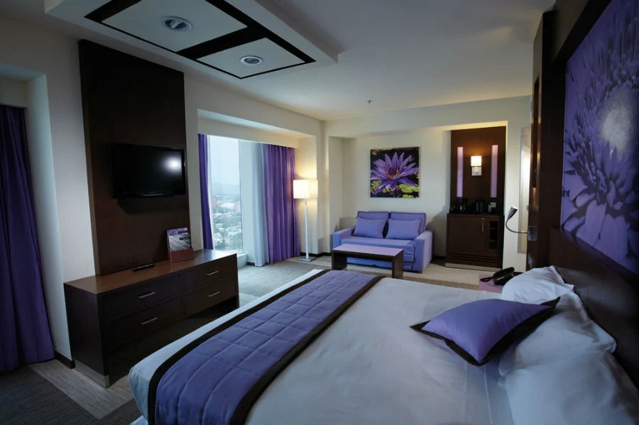 Modern hotel room with a king bed, purple bedding and accents, a sofa, flat-screen TV, dresser, and large windows with purple curtains. A purple floral artwork hangs above the sofa, and a coffee station is in the corner.