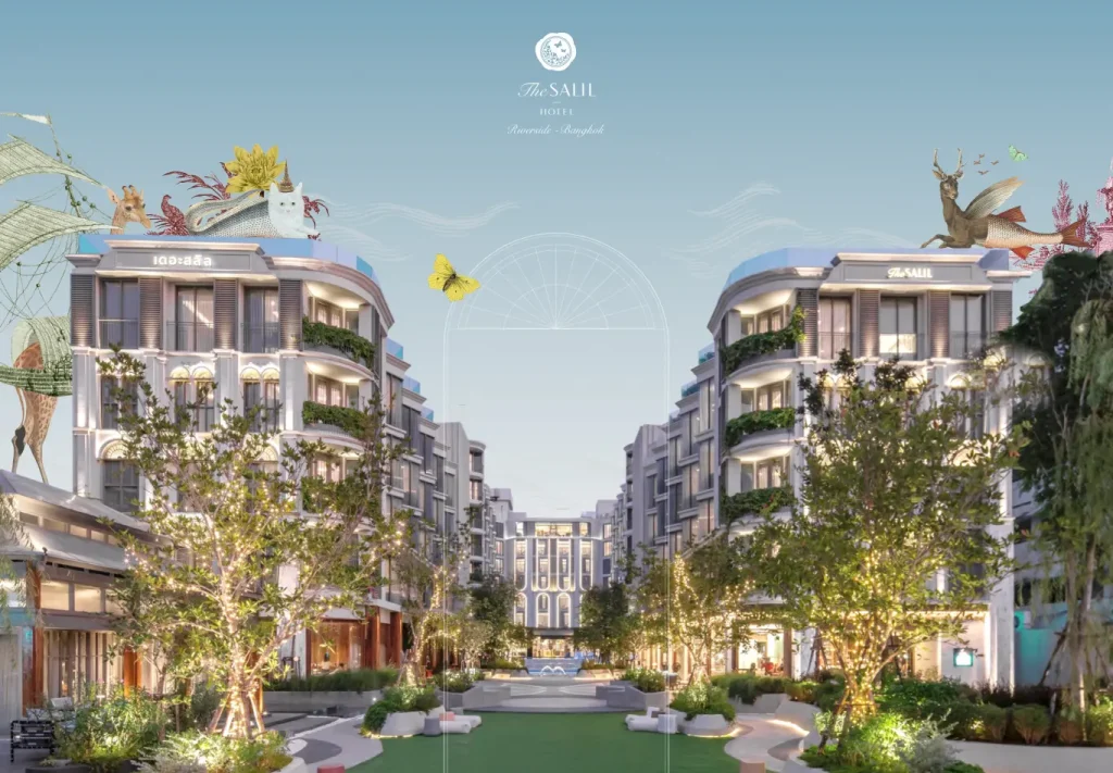 A luxurious hotel courtyard with modern buildings on both sides, lush trees, a central lawn, and whimsical animal sculptures on rooftops under a clear sky with soft lighting.