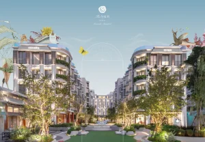 A luxurious hotel courtyard with modern buildings on both sides, lush trees, a central lawn, and whimsical animal sculptures on rooftops under a clear sky with soft lighting.