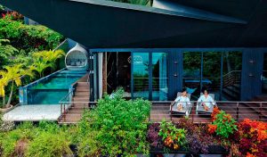 Two people in white robes relax on lounge chairs on a balcony surrounded by lush greenery, beside a modern villa with large glass windows, an infinity pool, and tropical plants.