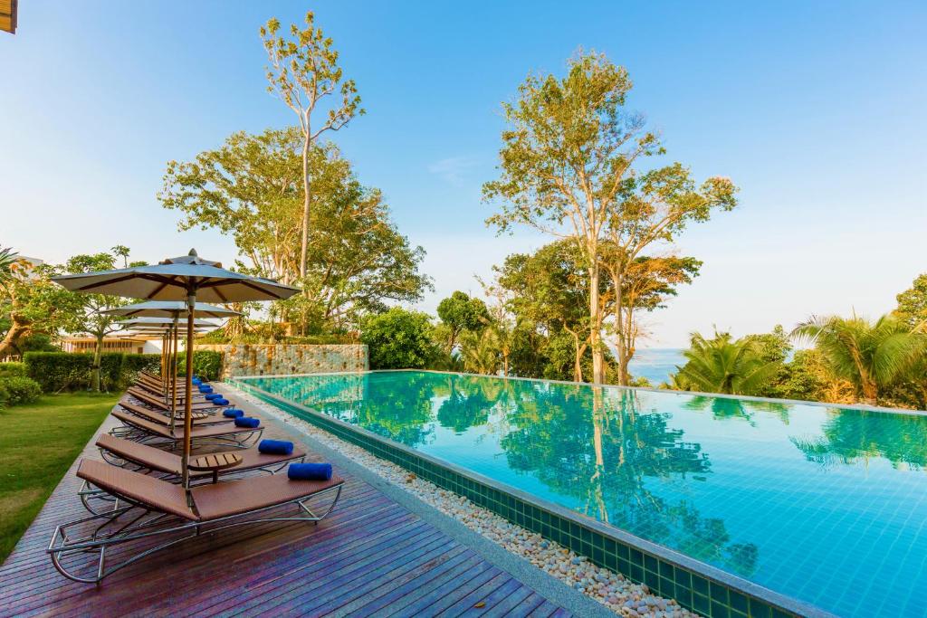 A serene outdoor swimming pool with clear blue water, surrounded by lounge chairs with umbrellas and rolled towels, set against lush greenery and tall trees under a clear blue sky.