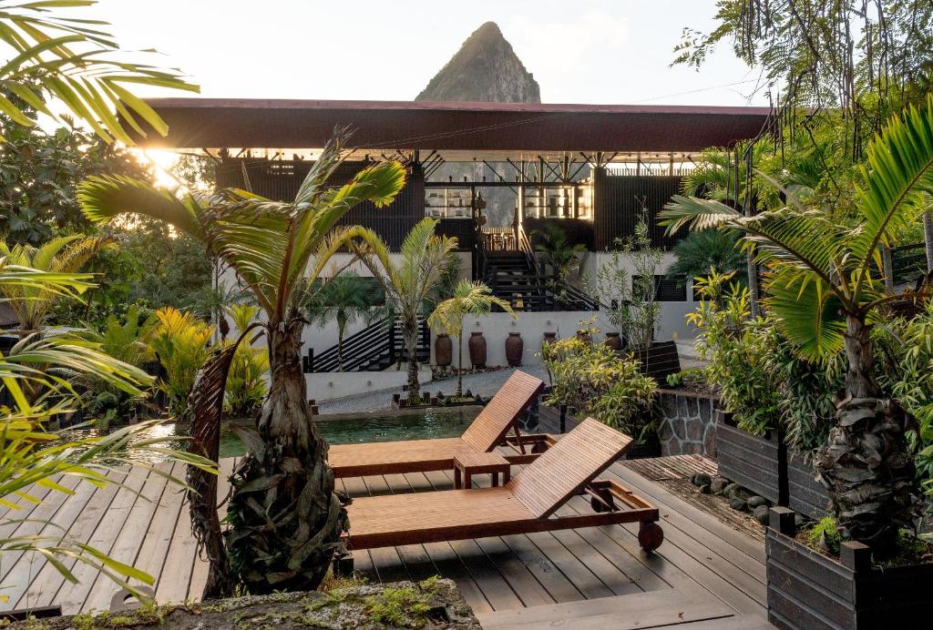 Two wooden lounge chairs on a deck surrounded by tropical plants, facing a modern building with large windows. A mountain peak rises in the background under a partly cloudy sky.