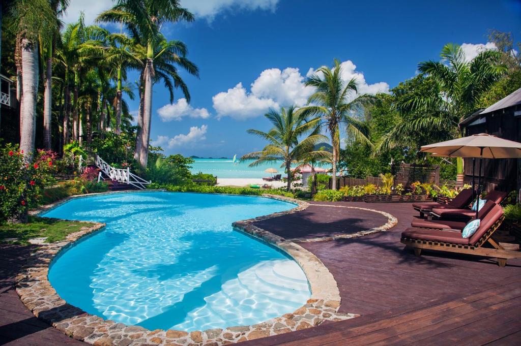 A tropical outdoor pool surrounded by palm trees, sun loungers with cushions, a wooden deck, and lush gardens, overlooking a white sandy beach and turquoise ocean under a bright blue sky.