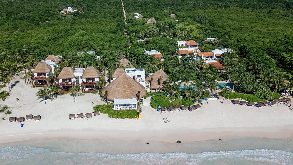 Aerial view of a beachfront resort with thatched-roof buildings and villas surrounded by lush greenery, set along a white sand beach with lounge chairs and umbrellas facing the ocean.