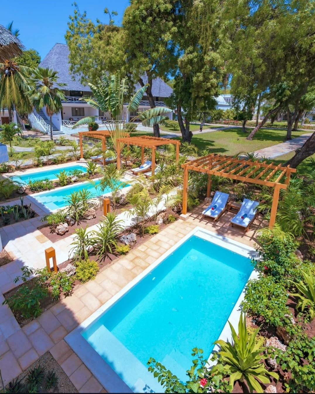 Three small rectangular swimming pools are lined up outdoors, surrounded by tropical plants, trees, and stone paths. Two wooden pergolas with lounge chairs provide shade in a sunny, resort-like garden setting.