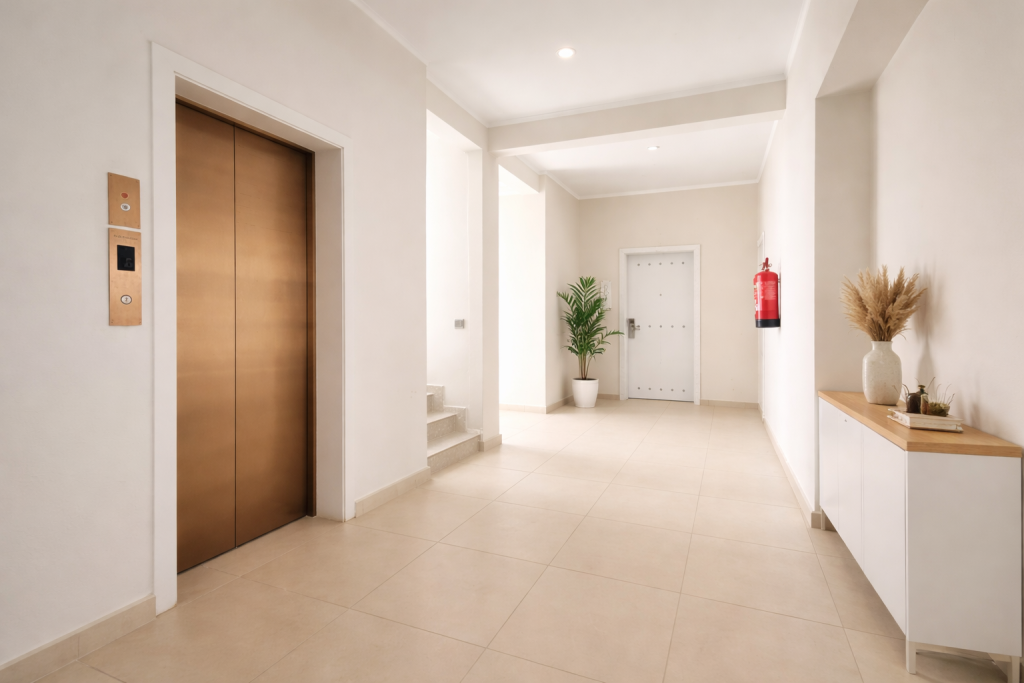 Lift lobby and corridor. Bronze lift doors on left wall with external call
panel showing two buttons and small screen. Corridor extends ahead with smooth cream
tiled floor. Approximately two to three steps visible mid-corridor, approximately 8–10 metres
from the lift. Fire extinguisher mounted on right wall. Steps in corridor route may present a
barrier between lift and rooms for wheelchair users or guests with mobility impairments.