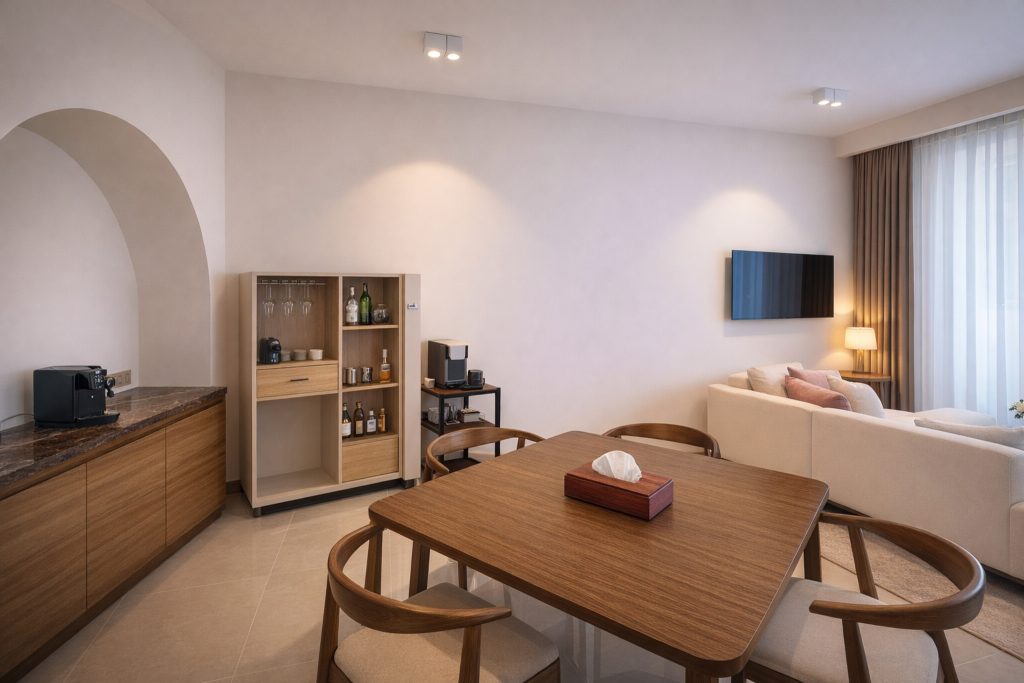Suite living and dining area with four-seat timber dining table. Open shelving unit displaying wine glasses, minibar bottles, and tea/coffee items. Nespresso machine on dark marble countertop to left. Second coffee machine on trolley beside unit. Wall-mounted flat-screen TV. Cream sofa and floor lamp in background. Smooth tiled floor. Good natural light from
sheer-curtained window right.
