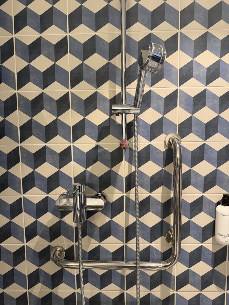 Shower controls within reach of seat, with lever mixer tap and horizontal grab rail beside.