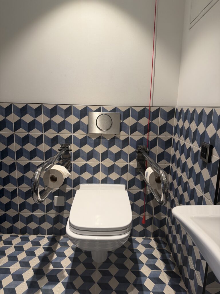 Wall-hung toilet with grab rail to each side and red emergency pull cord.