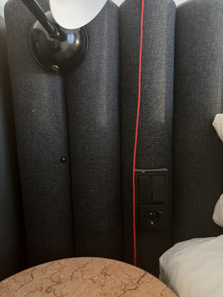 Bedside area with emergency alarm cord and reading light switch within reach of bed.