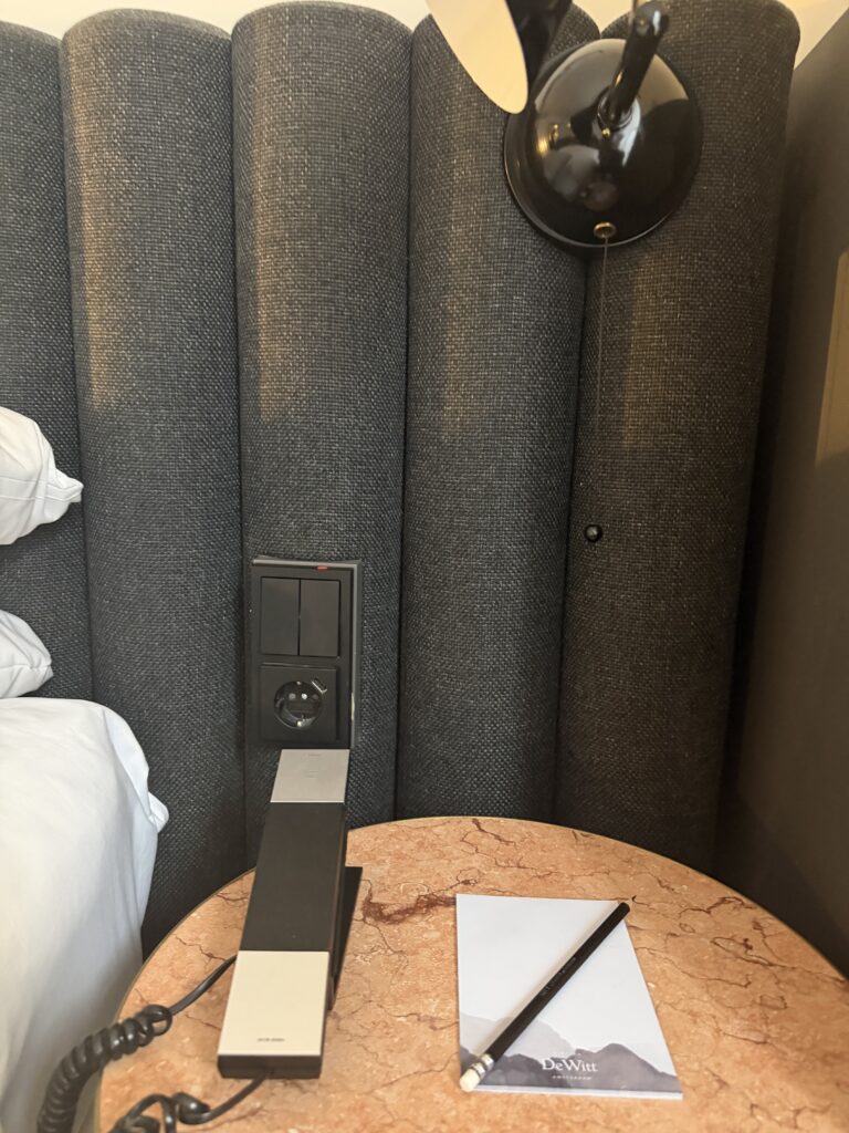 Bedside control panel with light switches and power socket within reach of pillow, corded telephone on bedside table.
