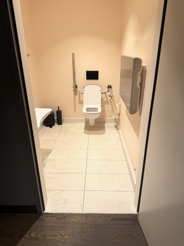 Accessible public toilet doorway with flush threshold from wood floor to tile.