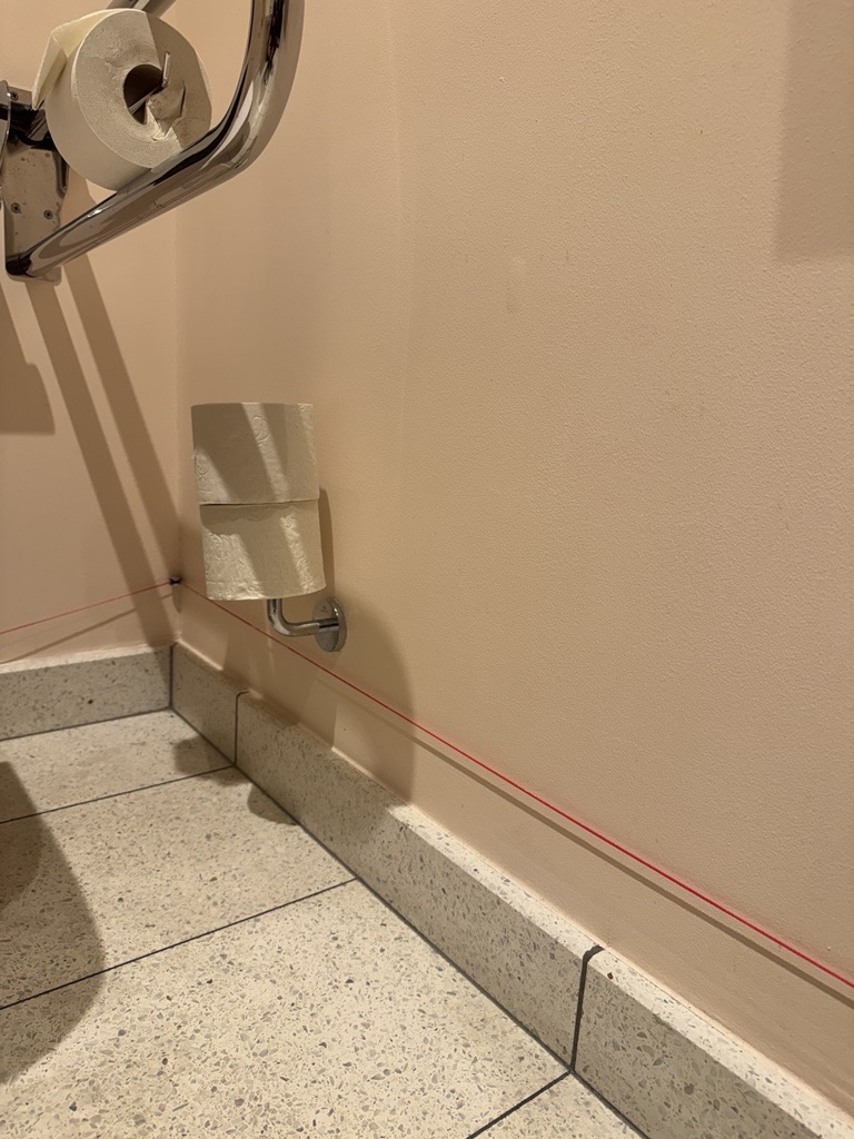 Accessible public toilet at Kimpton de Witt. Wall-mounted toilet with a fold-down support rail. Red emergency alarm cord runs down the wall to floor level and along the skirting. Terrazzo floor. Toilet roll holder mounted within reach beside the toilet.