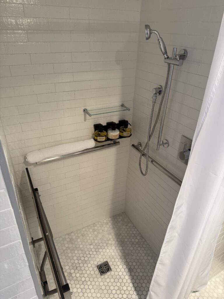 Accessible bathroom wide view at Lyle Washington DC. Roll-in shower at the left with no threshold step. Wall-mounted sink with exposed plumbing and wheelchair clearance below. Toilet to the right with horizontal grab rail mounted on the wall behind. Floor in hex-pattern marble mosaic running level throughout.