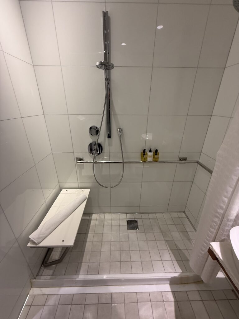 Accessible shower at Hotel Park Ave. Fold-down white bench against the side wall with a folded towel resting on it. Adjustable rail shower head with a handset on a vertical slider. Thermostat and mixer controls at reach height on the side wall. Horizontal grab rail beneath the controls. Floor drain set in tiled floor.