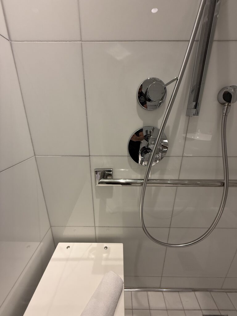 Shower controls detail in the accessible bathroom at Hotel Park Ave. Round thermostat and round mixer at reachable height. Vertical slider rail with handset alongside. Horizontal grab rail mounted below the controls. White large-format wall tile.